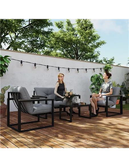 Outsunny Garden Furniture Set, 4 Piece Indoor Outdoor Conservatory with Loveseat Sofa, Armchairs, Glass Top Coffee Table, Cushio