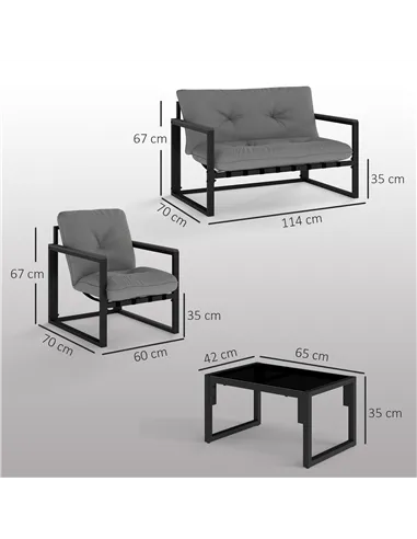 Outsunny Garden Furniture Set, 4 Piece Indoor Outdoor Conservatory with Loveseat Sofa, Armchairs, Glass Top Coffee Table, Cushio
