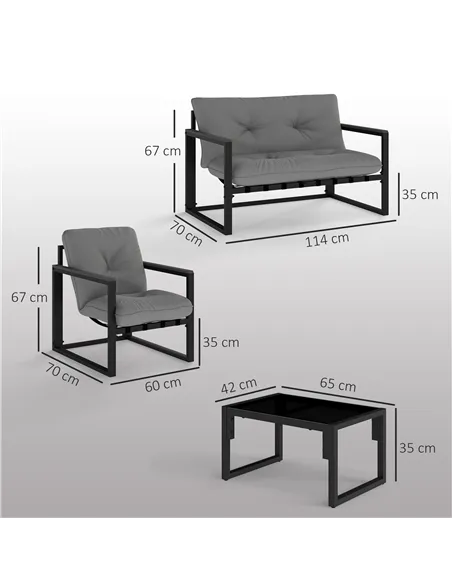Outsunny Garden Furniture Set, 4 Piece Indoor Outdoor Conservatory with Loveseat Sofa, Armchairs, Glass Top Coffee Table, Cushio