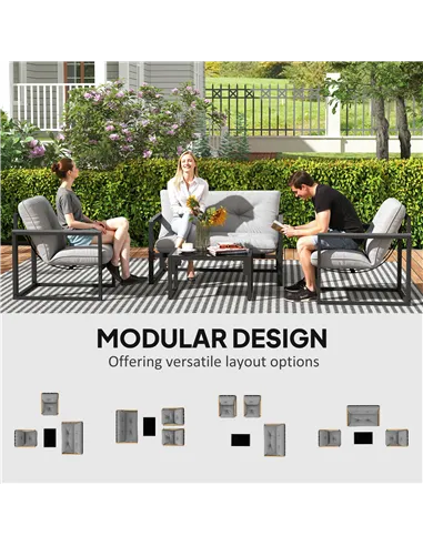 Outsunny Garden Furniture Set, 4 Piece Indoor Outdoor Conservatory with Loveseat Sofa, Armchairs, Glass Top Coffee Table, Cushio