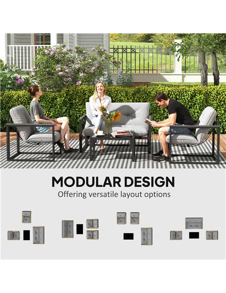 Outsunny Garden Furniture Set, 4 Piece Indoor Outdoor Conservatory with Loveseat Sofa, Armchairs, Glass Top Coffee Table, Cushio