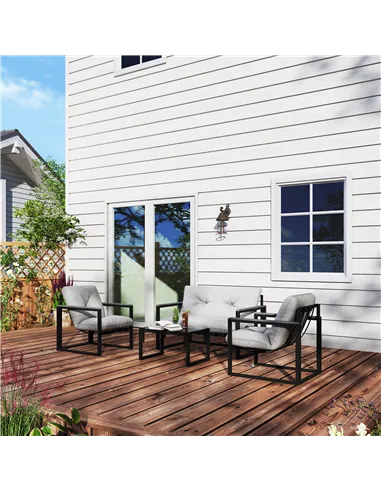 Outsunny Garden Furniture Set, 4 Piece Indoor Outdoor Conservatory with Loveseat Sofa, Armchairs, Glass Top Coffee Table, Cushio