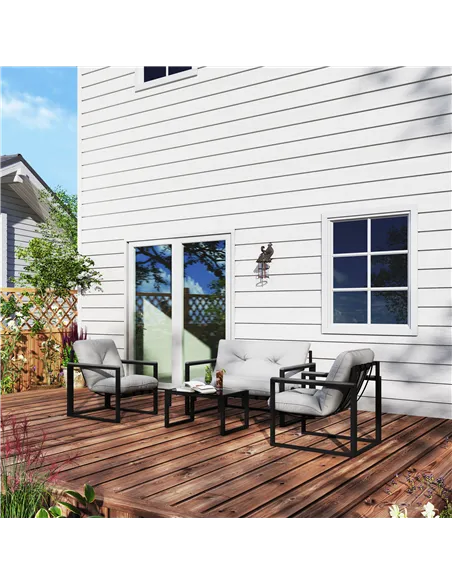 Outsunny Garden Furniture Set, 4 Piece Indoor Outdoor Conservatory with Loveseat Sofa, Armchairs, Glass Top Coffee Table, Cushio