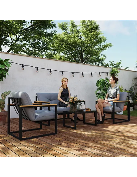 Outsunny Garden Furniture Set, 4 Piece Indoor Outdoor Conservatory with Loveseat Sofa, Armchairs, Glass Top Coffee Table, Cushio