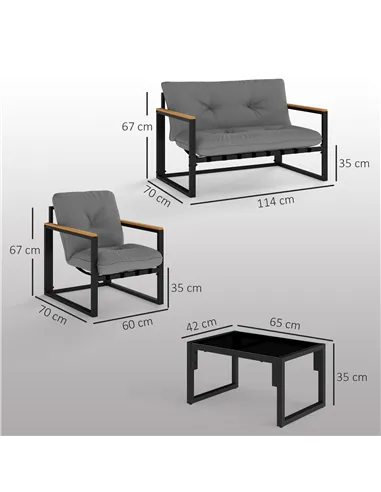 Outsunny Garden Furniture Set, 4 Piece Indoor Outdoor Conservatory with Loveseat Sofa, Armchairs, Glass Top Coffee Table, Cushio