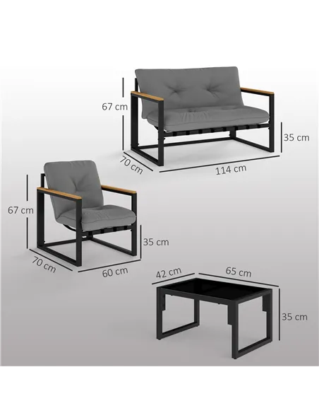 Outsunny Garden Furniture Set, 4 Piece Indoor Outdoor Conservatory with Loveseat Sofa, Armchairs, Glass Top Coffee Table, Cushio