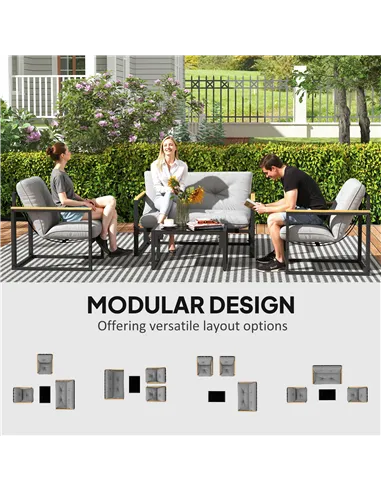 Outsunny Garden Furniture Set, 4 Piece Indoor Outdoor Conservatory with Loveseat Sofa, Armchairs, Glass Top Coffee Table, Cushio