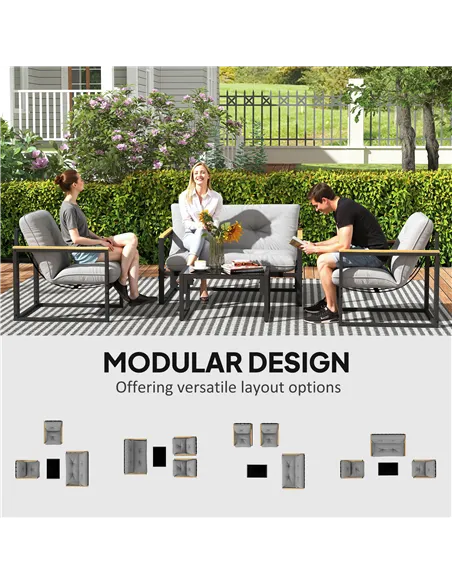 Outsunny Garden Furniture Set, 4 Piece Indoor Outdoor Conservatory with Loveseat Sofa, Armchairs, Glass Top Coffee Table, Cushio