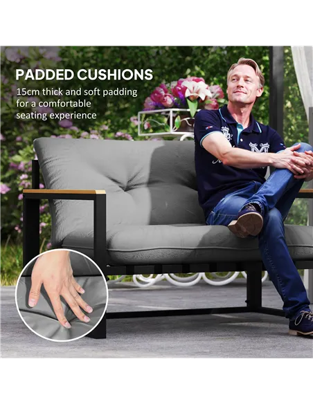 Outsunny Garden Furniture Set, 4 Piece Indoor Outdoor Conservatory with Loveseat Sofa, Armchairs, Glass Top Coffee Table, Cushio