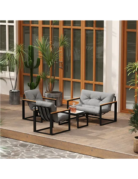 Outsunny Garden Furniture Set, 4 Piece Indoor Outdoor Conservatory with Loveseat Sofa, Armchairs, Glass Top Coffee Table, Cushio