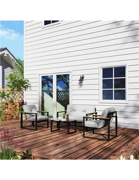 Outsunny Garden Furniture Set, 4 Piece Indoor Outdoor Conservatory with Loveseat Sofa, Armchairs, Glass Top Coffee Table, Cushio