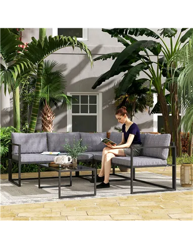 Outsunny Three-Piece L Shaped Garden Furniture Set with Cushions - Grey