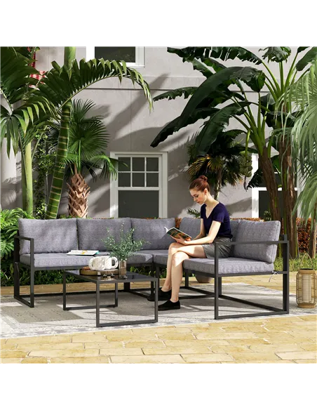 Outsunny Three-Piece L Shaped Garden Furniture Set with Cushions - Grey