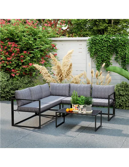 Outsunny Three-Piece L Shaped Garden Furniture Set with Cushions - Grey