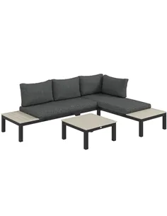 Outsunny 3 Pieces Garden Furniture Set, Aluminium 4 Seater Corner Sofa Set with 2 Loveseats, Coffee Table and Side Trays, Outdoo