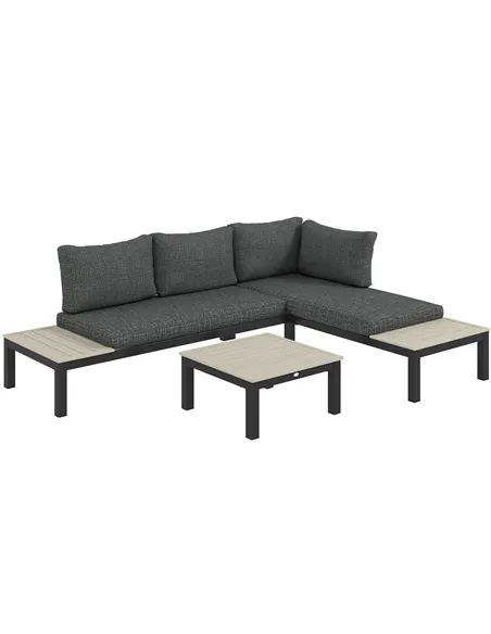 Outsunny 3 Pieces Garden Furniture Set, Aluminium 4 Seater Corner Sofa Set with 2 Loveseats, Coffee Table and Side Trays, Outdoo
