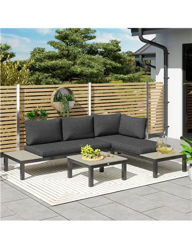 Outsunny 3 Pieces Garden Furniture Set, Aluminium 4 Seater Corner Sofa Set with 2 Loveseats, Coffee Table and Side Trays, Outdoo
