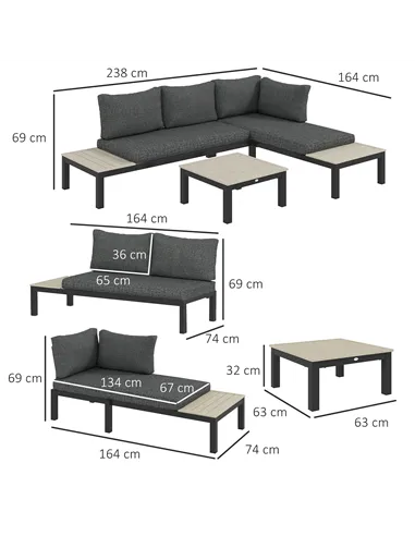 Outsunny 3 Pieces Garden Furniture Set, Aluminium 4 Seater Corner Sofa Set with 2 Loveseats, Coffee Table and Side Trays, Outdoo