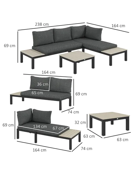 Outsunny 3 Pieces Garden Furniture Set, Aluminium 4 Seater Corner Sofa Set with 2 Loveseats, Coffee Table and Side Trays, Outdoo