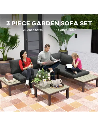 Outsunny 3 Pieces Garden Furniture Set, Aluminium 4 Seater Corner Sofa Set with 2 Loveseats, Coffee Table and Side Trays, Outdoo