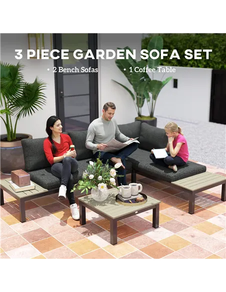Outsunny 3 Pieces Garden Furniture Set, Aluminium 4 Seater Corner Sofa Set with 2 Loveseats, Coffee Table and Side Trays, Outdoo