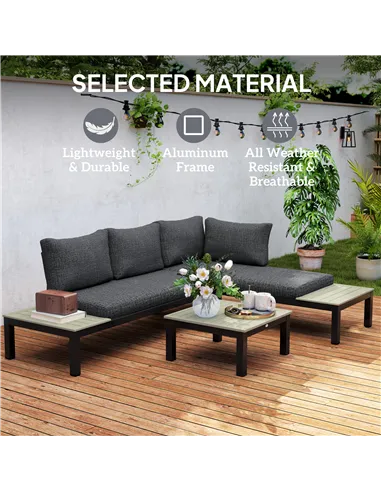 Outsunny 3 Pieces Garden Furniture Set, Aluminium 4 Seater Corner Sofa Set with 2 Loveseats, Coffee Table and Side Trays, Outdoo