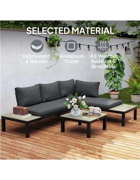 Outsunny 3 Pieces Garden Furniture Set, Aluminium 4 Seater Corner Sofa Set with 2 Loveseats, Coffee Table and Side Trays, Outdoo