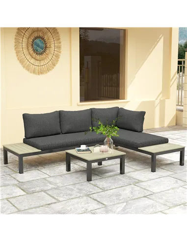 Outsunny 3 Pieces Garden Furniture Set, Aluminium 4 Seater Corner Sofa Set with 2 Loveseats, Coffee Table and Side Trays, Outdoo