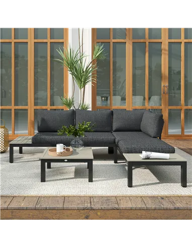 Outsunny 3 Pieces Garden Furniture Set, Aluminium 4 Seater Corner Sofa Set with 2 Loveseats, Coffee Table and Side Trays, Outdoo