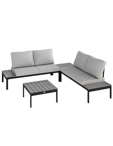 Outsunny Four-Piece Garden Corner Sofa Set with 2 Loveseats and 2 Coffee Tables - Grey