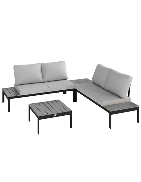 Outsunny Four-Piece Garden Corner Sofa Set with 2 Loveseats and 2 Coffee Tables - Grey
