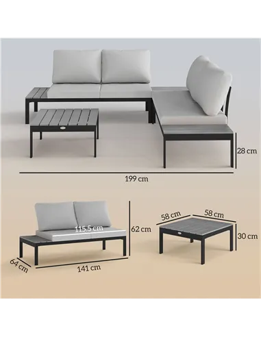 Outsunny Four-Piece Garden Corner Sofa Set with 2 Loveseats and 2 Coffee Tables - Grey