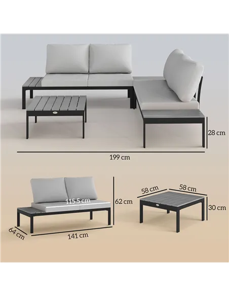 Outsunny Four-Piece Garden Corner Sofa Set with 2 Loveseats and 2 Coffee Tables - Grey