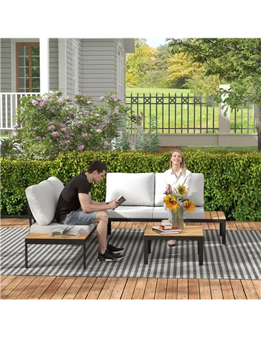 Outsunny Four-Piece Garden Corner Sofa Set with 2 Loveseats and 2 Coffee Tables - Grey