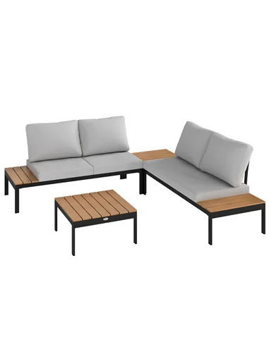 Outsunny Four-Piece Garden Corner Sofa Set with 2 Loveseats and 2 Coffee Tables - Teak