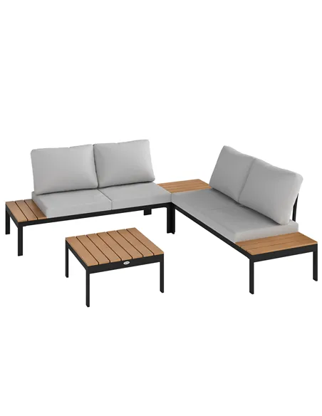Outsunny Four-Piece Garden Corner Sofa Set with 2 Loveseats and 2 Coffee Tables - Teak