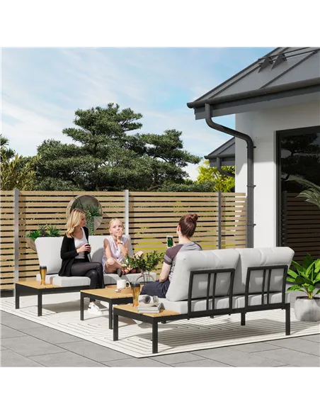 Outsunny Four-Piece Garden Corner Sofa Set with 2 Loveseats and 2 Coffee Tables - Teak