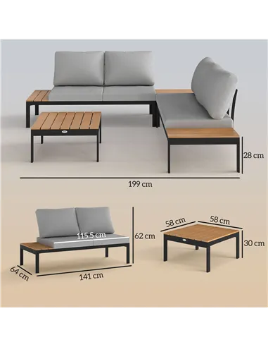 Outsunny Four-Piece Garden Corner Sofa Set with 2 Loveseats and 2 Coffee Tables - Teak
