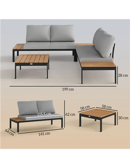 Outsunny Four-Piece Garden Corner Sofa Set with 2 Loveseats and 2 Coffee Tables - Teak