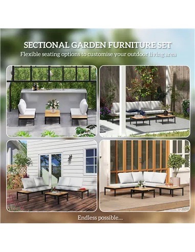 Outsunny Four-Piece Garden Corner Sofa Set with 2 Loveseats and 2 Coffee Tables - Teak