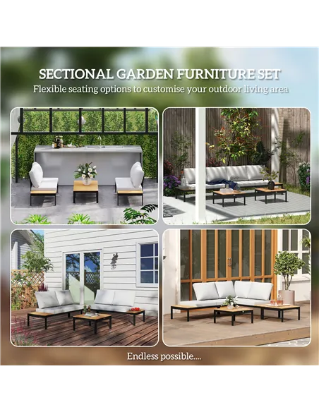 Outsunny Four-Piece Garden Corner Sofa Set with 2 Loveseats and 2 Coffee Tables - Teak