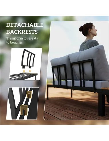 Outsunny Four-Piece Garden Corner Sofa Set with 2 Loveseats and 2 Coffee Tables - Teak