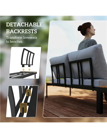 Outsunny Four-Piece Garden Corner Sofa Set with 2 Loveseats and 2 Coffee Tables - Teak