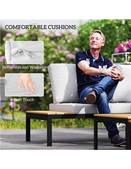 Outsunny Four-Piece Garden Corner Sofa Set with 2 Loveseats and 2 Coffee Tables - Teak