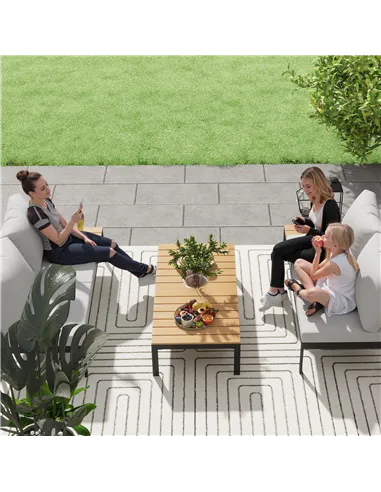 Outsunny Four-Piece Garden Corner Sofa Set with 2 Loveseats and 2 Coffee Tables - Teak