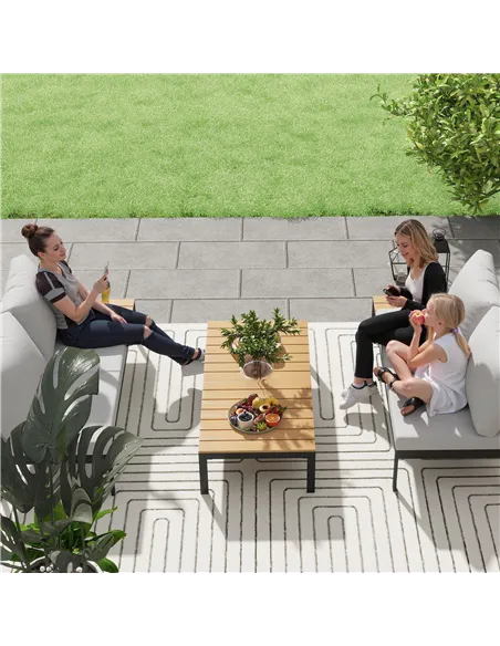 Outsunny Four-Piece Garden Corner Sofa Set with 2 Loveseats and 2 Coffee Tables - Teak