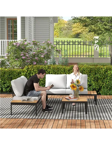 Outsunny Four-Piece Garden Corner Sofa Set with 2 Loveseats and 2 Coffee Tables - Teak