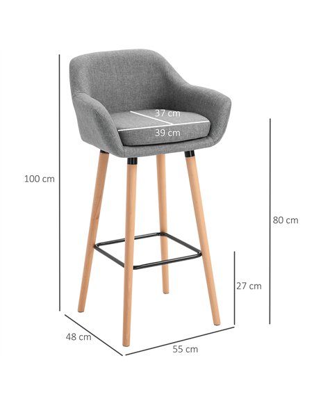 HOMCOM Set of 2 Bar Stools Modern Upholstered Seat Bar Chairs w/ Metal Frame, Solid Wood Legs Living Room Dining Room Fabric Fur