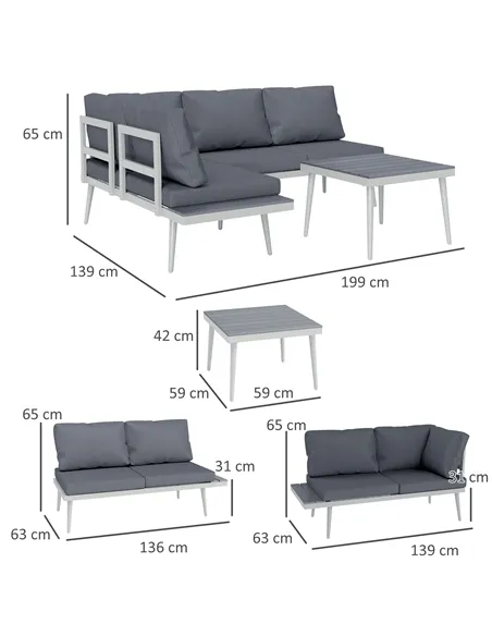 Outsunny 3 Piece Garden Furniture Set with 5-Level Adjustable Lounger, L Shaped Garden Corner Sofa with Cushions, Mesh Seat, Sla
