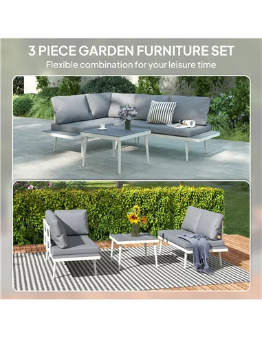 Outsunny 3 Piece Garden Furniture Set with 5-Level Adjustable Lounger, L Shaped Garden Corner Sofa with Cushions, Mesh Seat, Sla